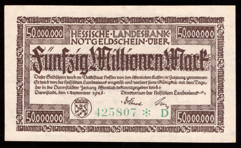 Germany Hessen 50 Millionen Mark 1923

HES-5 ( Grabowski ); UNC