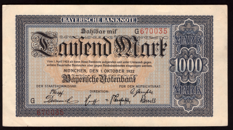 Germany Bayern 1000 Mark 1922

BAY-5a ( Grabowski ); UNC