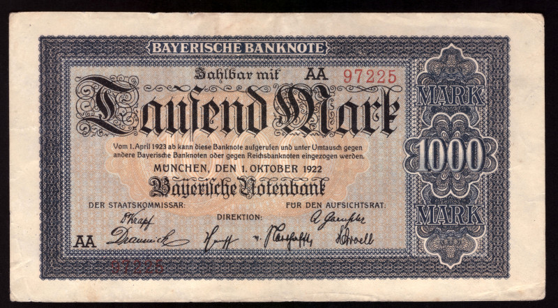 Germany Bayern 1000 Mark 1922

BAY-5b ( Grabowski ); XF