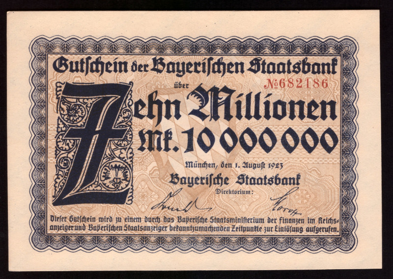 Germany Bayern 10 Millionen Mark 1923

BAY-221a ( Grabowski ); UNC