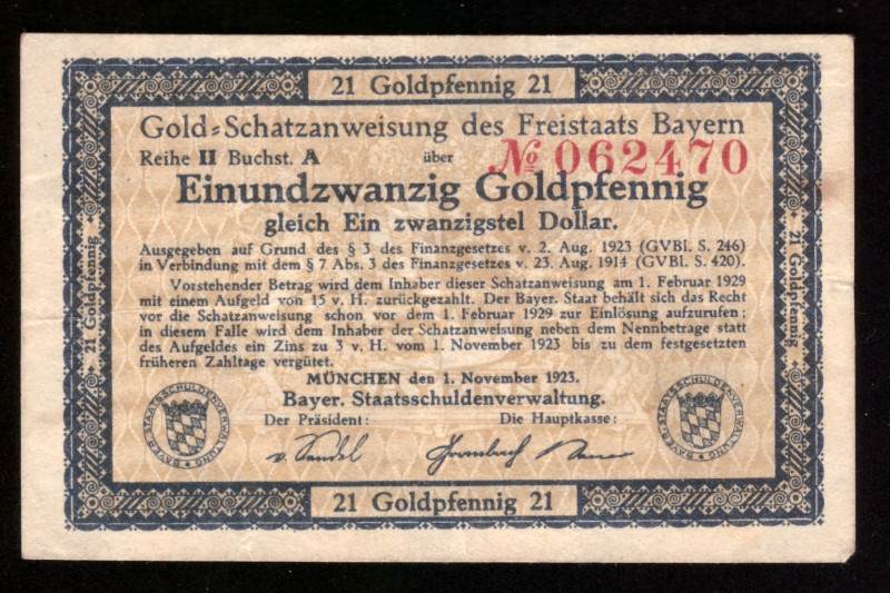 Germany Bayern 21 Goldpfennig = 1/20 Dollar 1923

BAY-233 ( Grabowski ); VF