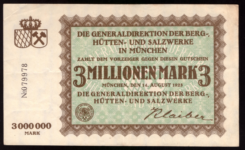 Germany Bayern 3 Millionen Mark 1923

BAY-276a ( Grabowski ); VF