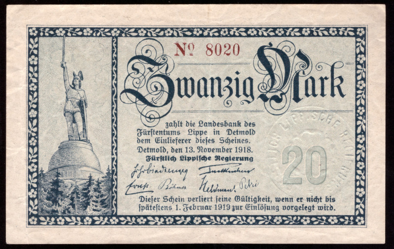 Germany Lippe 20 Mark 1918

LIP-4a ( Grabowski ); XF
