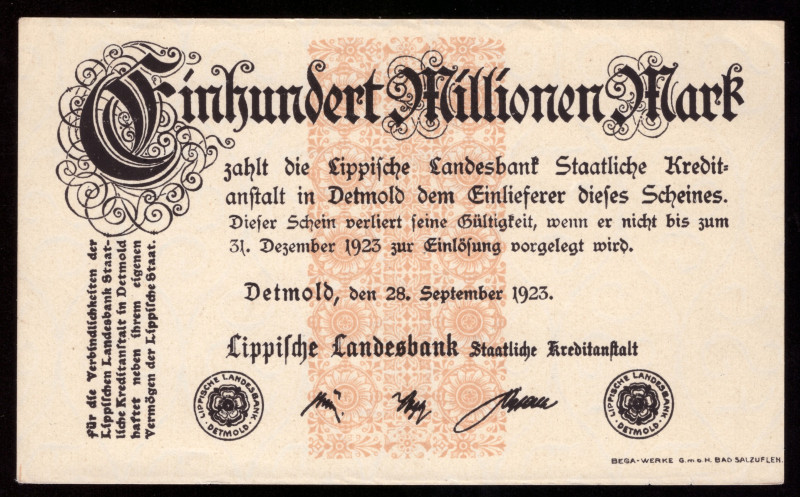 Germany Lippe 100 Millionem Mark 1923

LIP-8 ( Grabowski ); aUNC