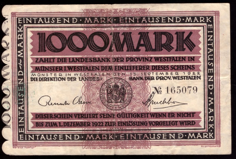 Germany Westfalen 1000 Mark 1922

WFA-8 ( Grabowski ); VF