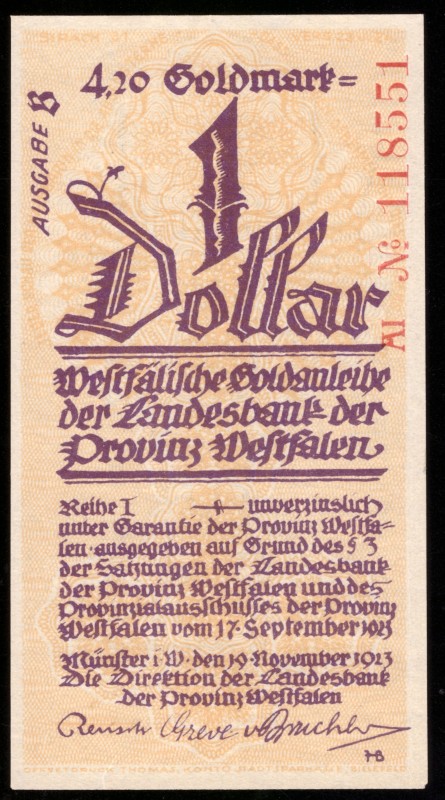 Germany Westfalen 4.20 Goldmark = 1 Dollar 1923

WFA-43 ( Grabowski ); UNC