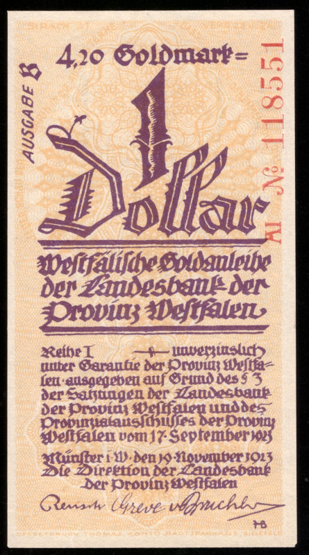 Germany Westfalen 4.20 Goldmark = 1 Dollar 1923

WFA-44c ( Grabowski ); UNC