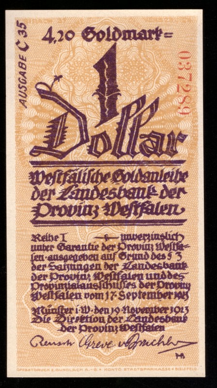 Germany Westfalen 4.20 Goldmark = 1 Dollar 1923

WFA-44c ( Grabowski ); UNC