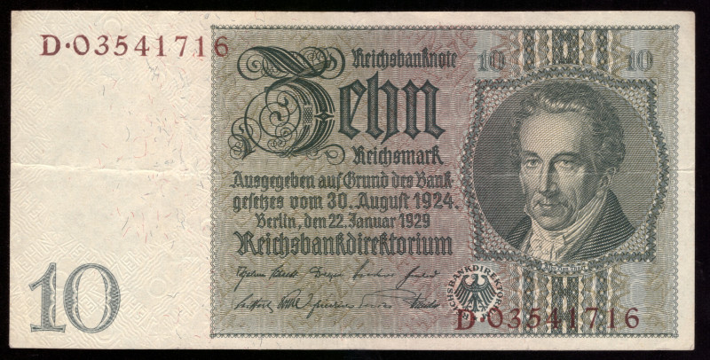 Germany 10 Reichsmark 1929

P-180b; XF; Watermark: Ornament at left without un...