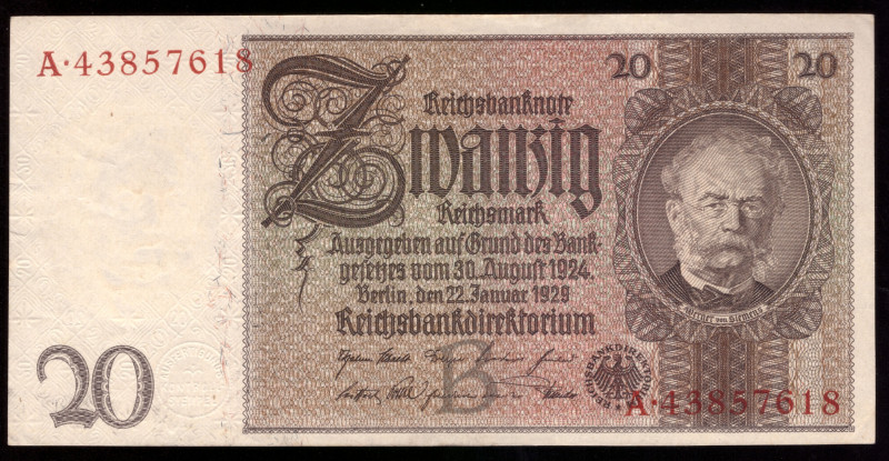 Germany 20 Reichsmark 1929

P-181a; UNC; Watermark: Head of Siemens at left wi...