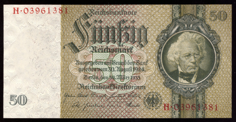 Germany 50 Reichsmark 1934

P-182b; UNC; Watermark: Ornament at left without u...