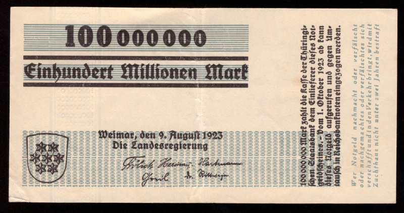 Germany Thuringen 100.000.000 Mark 1923

THU-41b ( Grabowski ); VF