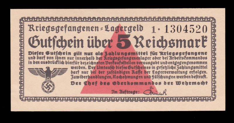 Germany Lagergeld 5 Reichsmark 1939-47

Ros-520, Camb-3756a; S/N 1.1304520; Ge...