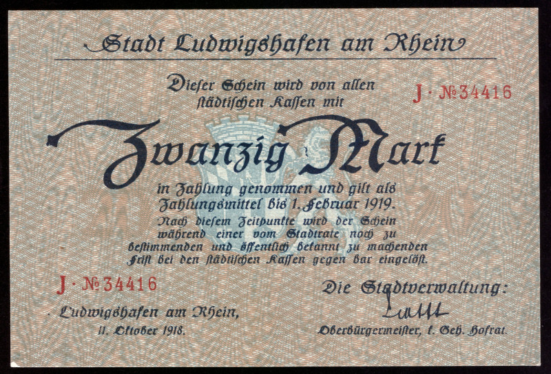 Germany Ludwigshafen 20 Mark 1918

Ludwigshafen; UNC