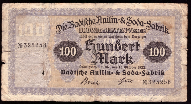 Germany Ludwigshafen 100 Mark 1922

Ludwigshafen Badische Anilin & Sodafabrik;...