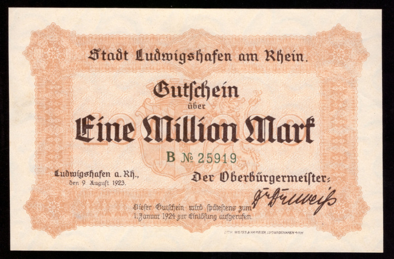 Germany Ludwigshafen 1.000.000 Mark 1923

Ludwigshafen; UNC