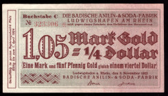 Germany Ludwigshafen 1.05 Mark Gold = 1/4 Dollar 1923