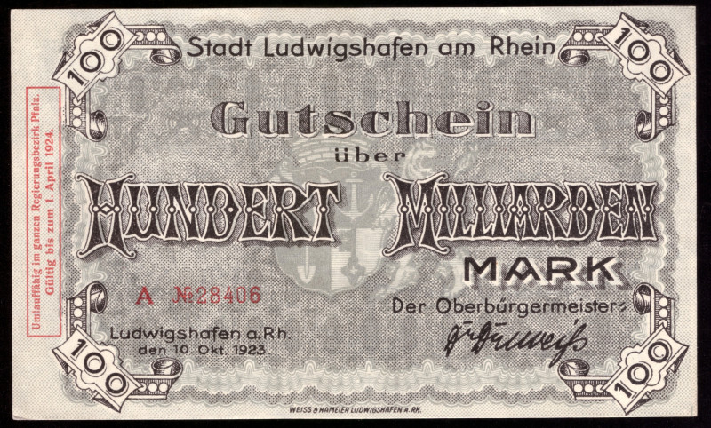 Germany Ludwigshafen 100 Milliarden Mark 1923

Ludwigshafen; UNC