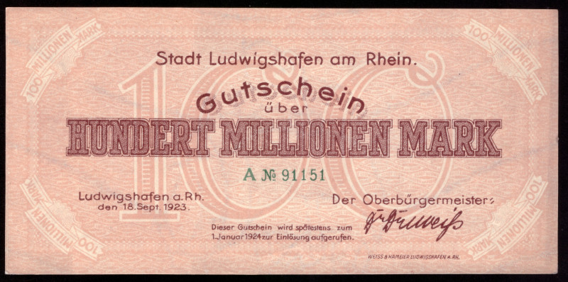 Germany Ludwigshafen 100.000.000 Mark 1923

Ludwigshafen; UNC