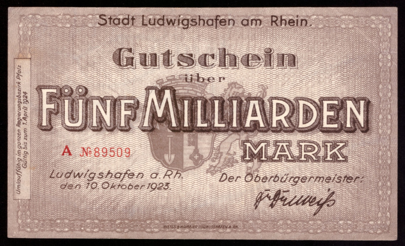 Germany Ludwigshafen 5 Milliarden Mark 1923

Ludwigshafen; XF