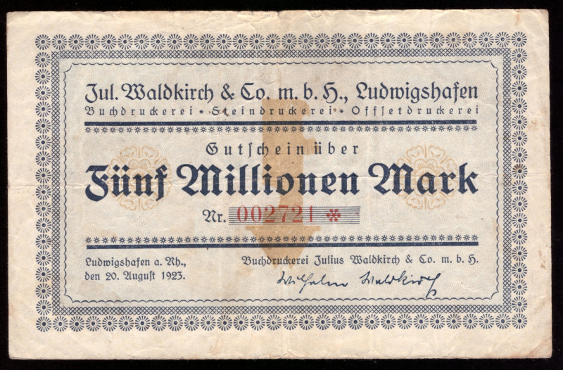 Germany Ludwigshafen 5.000.000 Mark 1923

Ludwigshafen; VF
