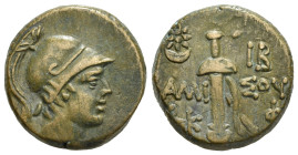 PONTOS. Amisos. Ae (Circa 111-105 or 95-90 BC). Struck under Mithradates VI Eupator.
Obv: Helmeted head of Ares right.
Rev: AMI - ΣOV.
Sword in sheath...