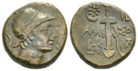 PONTOS. Amisos. Ae (Circa 111-105 or 95-90 BC). Struck under Mithradates VI Eupator.
Obv: Helmeted head of Ares right.
Rev: AMI - ΣOV.
Sword in sheath...