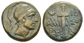 PONTOS. Amisos. Ae (Circa 111-105 or 95-90 BC). Struck under Mithradates VI Eupator.
Obv: Helmeted head of Ares right.
Rev: AMI - ΣOV.
Sword in sheath...