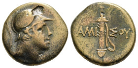 PONTOS. Amisos. Ae (Circa 111-105 or 95-90 BC). Struck under Mithradates VI Eupator.
Obv: Helmeted head of Ares right.
Rev: AMI - ΣOV.
Sword in sheath...
