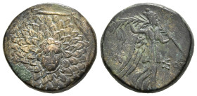 PONTOS. Amisos. Ae (Circa 85-65 BC). Time of Mithradates VI Eupator.
Obv: Aegis facing.
Rev: AMIΣOY.
Nike advancing right with shouldered palm branch....