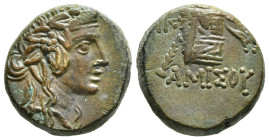 PONTOS. Amisos. Time of Mithradates VI Eupator (Circa 105-90 or 90-85 BC). Ae.
Obv: Head of Dionysos right, wearing ivy wreath.
Rev: AMIΣOY.
Thyrsos l...