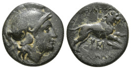 KINGS OF THRACE (Macedonian). Lysimachos (305-281 BC). Ae Unit. Lysimacheia.
Obv: Helmeted head of Athena right.
Rev: ΒΑΣΙΛΕΩΣ / ΛΥΣΙΜΑΧΟΥ.
Lion leapi...