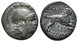 KINGS OF THRACE (Macedonian). Lysimachos (305-281 BC). Ae Unit. Lysimacheia.
Obv: Helmeted head of Athena right.
Rev: ΒΑΣΙΛΕΩΣ / ΛΥΣΙΜΑΧΟΥ.
Lion leapi...