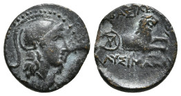 KINGS OF THRACE (Macedonian). Lysimachos (305-281 BC). Ae.
Obv: Helmeted head of Athena right.
Rev: ΒΑΣΙΛΕΟΣ / ΛΥΣΙΜΑΧΟΥ.
Forepart of a lion right. Co...