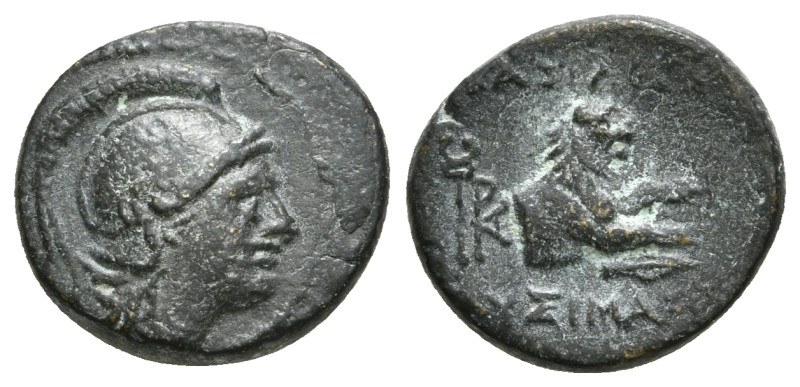 KINGS OF THRACE (Macedonian). Lysimachos (305-281 BC). Ae.
Obv: Helmeted head of...