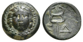 PAMPHYLIA, Aspendos. 2nd-1st centuries BC. Æ. Obv : Facing gorgoneion / Kerykeion; F-Δ flanking. 2,33 g - 13,60 mm
