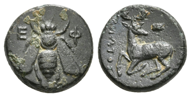 IONIA. Ephesos. Ae (Circa 202-133 BC). 
Obv: Ε - Φ.
Bee.
Rev: Stag kneeling left...