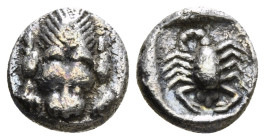 CARIA. Mylasa. Obol (Circa 450-400 BC).
Obv: Facing forepart of lion.
Rev: Scorpion within incuse square; pellet above. 0,57 g - 7,44 mm