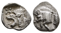 MYSIA. Kyzikos. Hemiobol (Circa 450-400 BC).
Obv: Head of roaring lion left; star to upper left; all within incuse square.
Rev : Forepart of boar left...