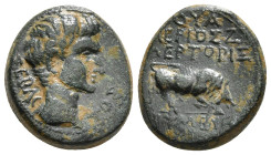 PHRYGIA. Eumenea. Tiberius (14-37). Ae. Valerios Zmertorix, magistrate.
Obv: ΣΕΒΑΣΤΟΣ.
Bare head right.
Rev: OVAΛEPIOΣ ZMEPTOPIΞ / EVMENEΩN.
Bull butt...