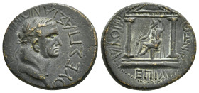 PHRYGİA.Amorium, Vespasian (69-79).Ae.
Obv : ΟΥΕΣΠΑΣΙΑΝΟΝ ΚΑΙΣΑΡΑ ΑΜΟ.
Laureate head of Vespasian, right.
Rev : ΕΠΙ Λ ΑΝΤΩΝΙΟΥ.
Temple with two column...