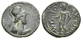 CARIA. Antioch ad Maeandrum. Pseudo-autonomous. Time of the Antonines (138-192). Ae.
Obv: Bust of Athena right.
Rev: ANTIOXEΩN.
Nude Hermes standing l...
