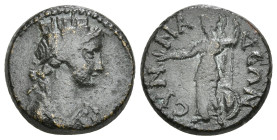 PHRYGIA. Synnada. Pseudo-autonomous (Late 1st or early 2nd century?). Ae.
Obv: Head of Tyche right, wearing mural crown.
Rev: CYNNAΔEΩN.
Athena, he...