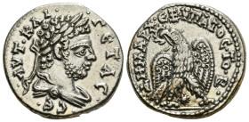 SELEUCIS & PIERIA. Laodicea ad Mare. Geta (209-211). Tetradrachm.
Obv: AYT KAI ΓЄTAC CЄ.
Laureate head right.
Rev: ΔHMAPX ЄΞ VΠATOC TO B.
Eagle standi...