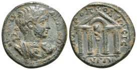 CILICIA. Isaura. Caracalla (197-217). Ae.
Obv: AV K M AV ANTΩNЄINOC.
Laureate and cuirassed bust right.
Rev: MHTPOΠOΛЄΩC ICAVPΩN.
Tetrastyle temple co...