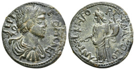 PISIDIA. Antiochia. Geta (209-212). Ae.
Obv: P SEPTIMIOZ GETA.
Laureate, draped and cuirassed bust right.
Rev: ANTIOCH FORTVNA COLONIAE.
Tyche standin...