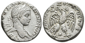 SELEUCIS & PIERIA. Laodicea ad Mare. Caracalla (197-217). Tetradrachm.
Obv: AYT K M A ANTΩNЄINOC CЄB.
Laureate head right.
Rev: ΔHMAPX ЄΞ YΠATOC TO Δ....