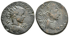 MESOPOTAMIA. Edessa. Gordian III, with Abgar X Phraates (238-244). Ae.
Obv: AVTOK K M ANT ΓOPΔIANOC CЄB.
Radiate bust right, with slight drapery; star...