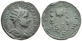 PISIDIA, Antiochia. Philip II. A.D. 247-249. Æ Radiate, draped and cuirassed bust of Philip II right / Vexillum between two standards 11,12 g - 25,50 ...