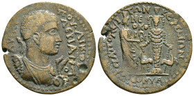 PHRYGIA. Hierapolis. Valerian I (253-260). Ae. Homonoia issue with Ephesus
Obv: AV KЄ ΠOY ΛIK OVAΛЄΡIANOC. Laureate and cuirassed bust right with aegi...